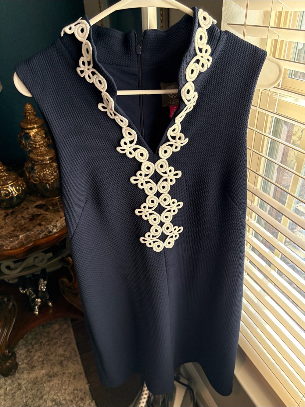 Vince Camuto Navy Sleeveless Dress with White Lace Trim